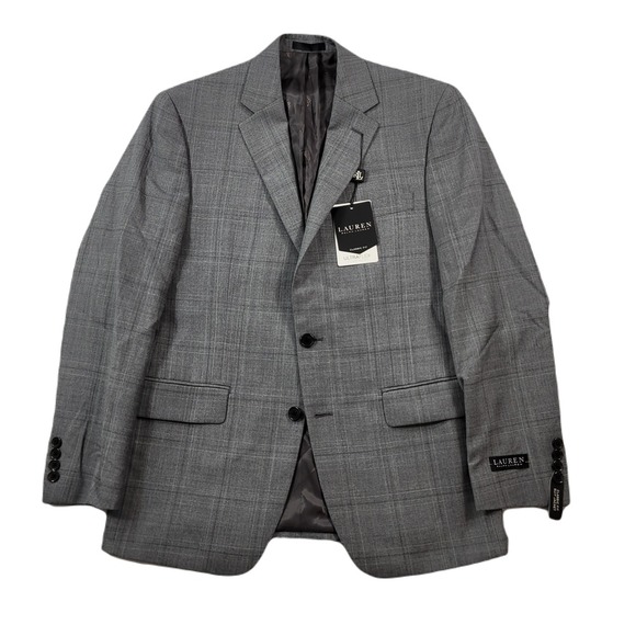 Lauren Ralph Lauren Wool Suit Jacket Mens 38R 38 Light Grey Plaid Ultraflex $450